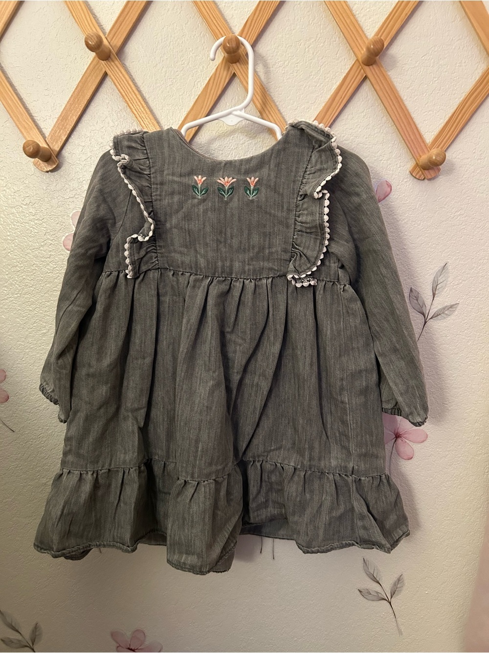 H&M Olive Green Long-Sleeve Ruffle Dress with Floral Embroidery